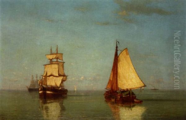 Two Sailing Vessels In A Calm Sea Oil Painting by Paul Jean Clays