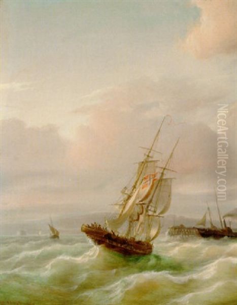 A Norwegian Trading Brig Running Into Port Past The Departing Packet Oil Painting by Paul Jean Clays