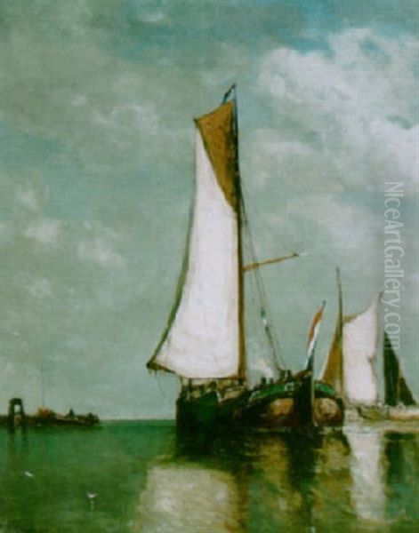 Fishing Boats Off A Jetty Oil Painting by Paul Jean Clays