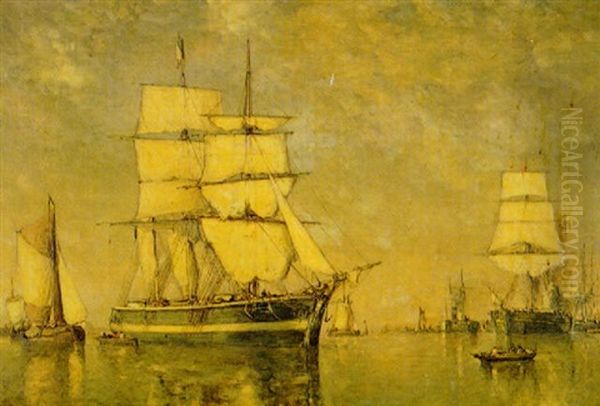 Ships In A Calm Harbor Oil Painting by Paul Jean Clays