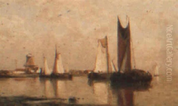 Sailing Barges Off The Coast Oil Painting by Paul Jean Clays