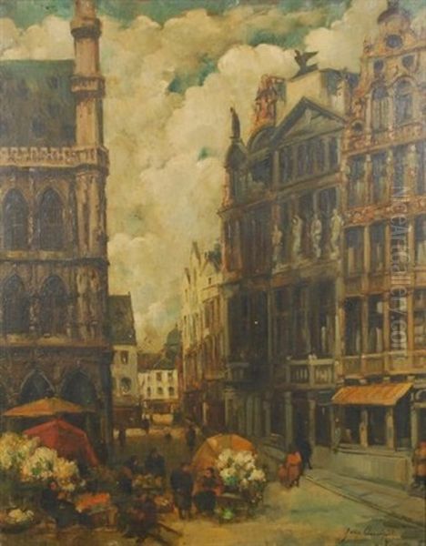 Marche De Fleurs Sur La Grand Place De Bruxelles Oil Painting by Jean Van Cleemput