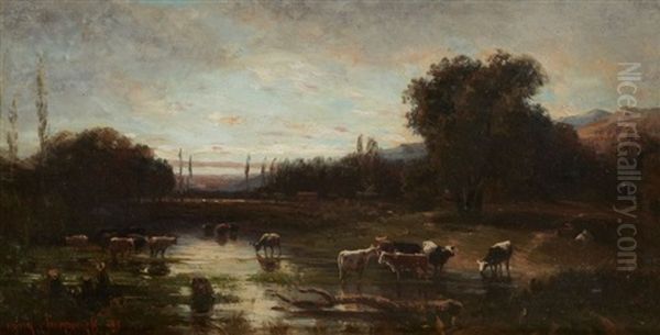 Paysage Aux Vaches Oil Painting by Henry Cleenewerck