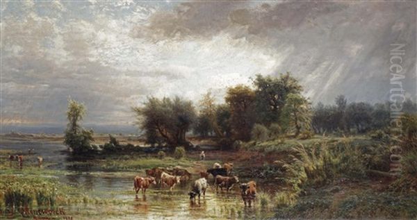 A Moorland With Cattle Grazing Oil Painting by Henry Cleenewerck