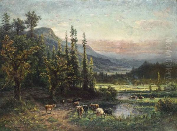 Cows Grazing By A Pool In A Mountainous North American Landscape Oil Painting by Henry Cleenewerck