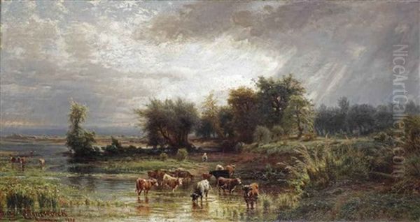 A Moorland With Cattle Grazing Oil Painting by Henry Cleenewerck