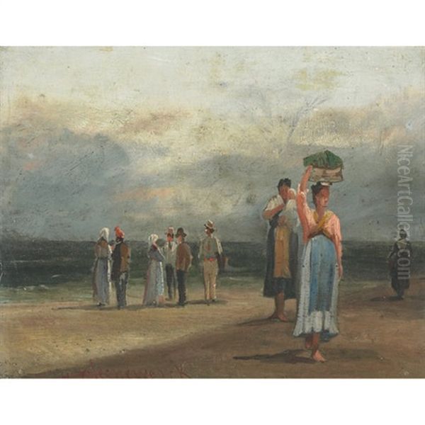 Townsfolk On A Beach, Cuba Oil Painting by Henry Cleenewerck