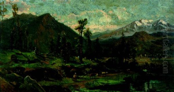 Cows Grazing By A Sierra Lake Oil Painting by Henry Cleenewerck