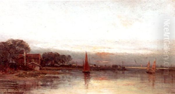 A River Scene At Sunset Oil Painting by Henry Cleenewerck