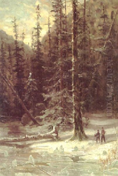 A Winter Landscape With Hunters By A Frozen Lake In A Forest Oil Painting by Henry Cleenewerck