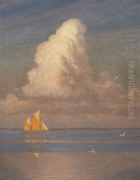 Coastal Scenery With A Sailing Ship And Seagulls In The Sunlight Oil Painting by Gustav Adolf Clemens