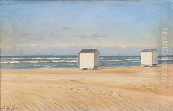 Bath Houses On A Beach Oil Painting by Gustav Adolf Clemens