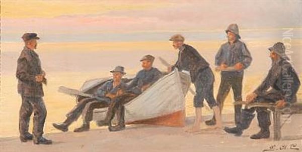 Beach Scene With Fishermen Around A Rowing Boat by Gustav Adolf Clemens