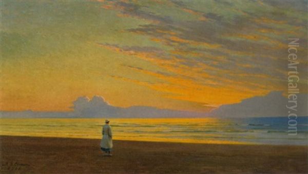 Solnedgang Ved Vesterhavet. En Ung Kvinde Nyder Det Smukke Aftenlys Oil Painting by Gustav Adolf Clemens