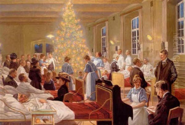 Juleaften Pa Hospitalet. Lysene Pa Det Hoje Juletrae Kaster Deres Glans Pa Stuen, Mens Der Spilles Op Til Sang by Gustav Adolf Clemens