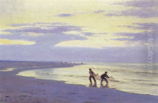 Fiskere Ved Deres Net I Strandkanten Oil Painting by Gustav Adolf Clemens