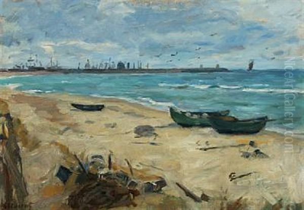 A Scene From Vester Strand, In The Background Skagen Harbour Oil Painting by Gad Frederik Clement