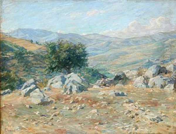 Italian Mountain Landscape With A Man Resting Oil Painting by Gad Frederik Clement