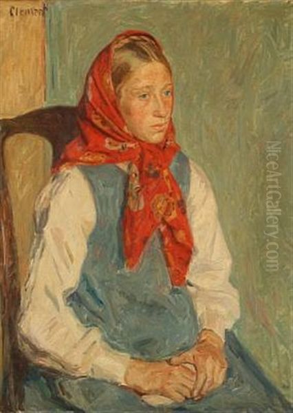 A Girl In A Red Head Scarf Oil Painting by Gad Frederik Clement