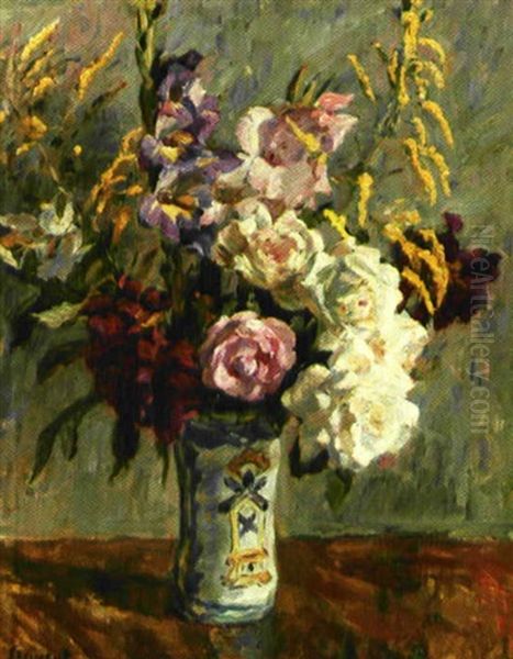 Roser Og Gyldenris I En Vase Pa Et Bord Oil Painting by Gad Frederik Clement