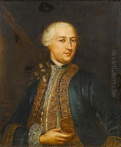 Portrait Of A Gentleman, Half-length, In A Blue, Brocade Edged Coat Holding A Gold Box And Standing Before A Curtain Oil Painting by Maria Giovanni Battista (La Clementina) Clementi