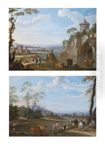 An Extensive River Landscape With Travellers Watering Their Horses And Drovers At Rest With Their Herd, Beside A Ruin (+ An Extensive River Landscape With Travellers On A Track And Drovers Watering Their Herd; Pair) Oil Painting by Jacques Sebastien Le Clerc