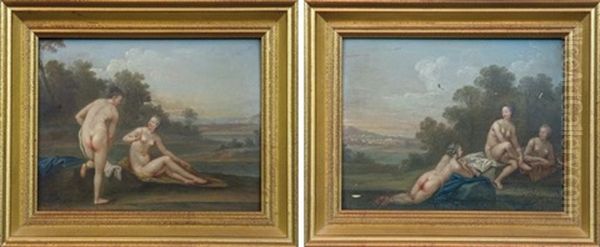 Deux Baigneuses Dans Un Paysage, Groupe De Trois Baigneuses Au Bord D'une Riviere (pair) Oil Painting by Jacques Sebastien Le Clerc