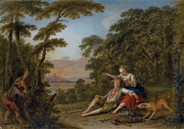 Un Couple Dans Un Bosquet Epie Par Un Promeneur Oil Painting by Jacques Sebastien Le Clerc