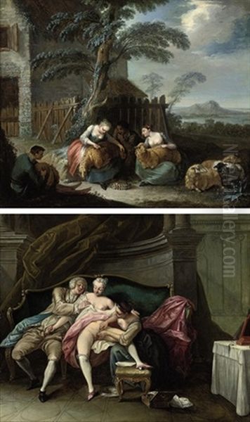 Shepherds Shearing Sheep In A Landscape (+ A Lady With Her Lover In Her Boudoir, Being Attended To By Her Maid, Verso; 2 Works) Oil Painting by Jacques Sebastien Le Clerc