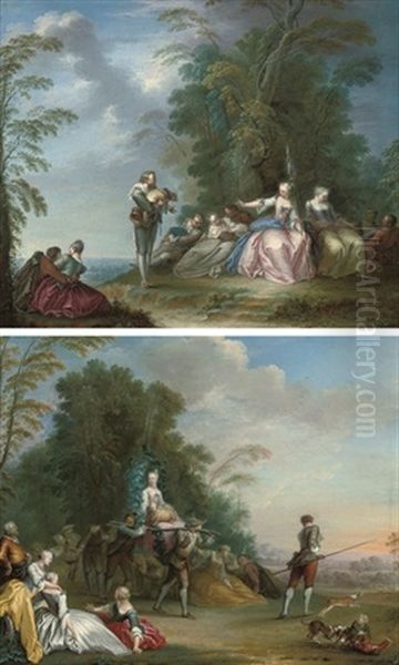 Figures At Rest On A Wooded Summit (+ Another; Pair) Oil Painting by Jacques Sebastien Le Clerc