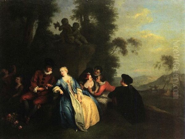 La Conversation Galante Sous La Vasque Devant Le Tambourin (+ L'effeuillage De La Rose Sous La Fontaine Aus Tritons; 2 Works) Oil Painting by Jacques Sebastien Le Clerc