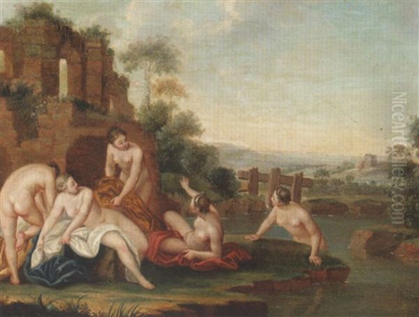 Women Bathing Amongst Ruins, In An Open Landscape Oil Painting by Jacques Sebastien Le Clerc