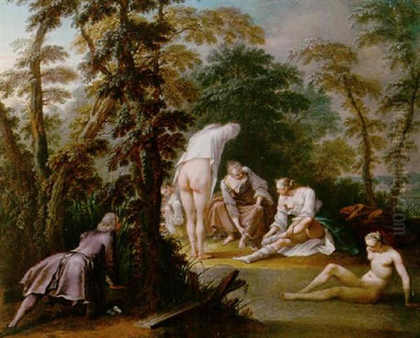 A Young Man Watching Women Bathing Oil Painting by Jacques Sebastien Le Clerc