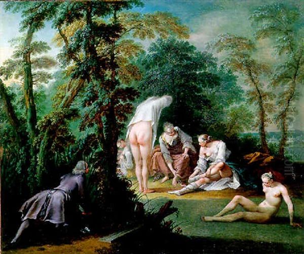 Le Gentilhomme Surprenant Les Baigneuses Oil Painting by Jacques Sebastien Le Clerc