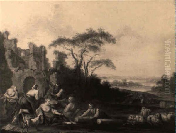 Scene Pastorale Dans Des Ruines Romaines Oil Painting by Jacques Sebastien Le Clerc