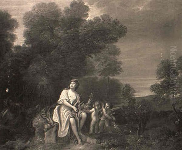 Flora With Two Putti Seated In A Landscape Beside A River God Oil Painting by Jacques Sebastien Le Clerc