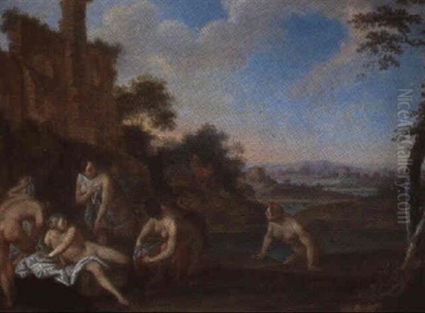 Nymphes Surprises Au Bain Oil Painting by Jacques Sebastien Le Clerc