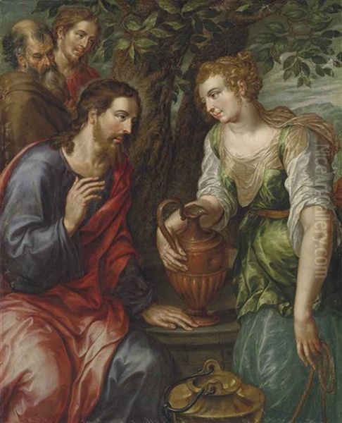 Christ And The Woman Of Samaria Oil Painting by Hendrick De Clerck