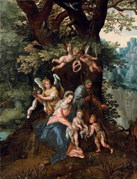 La Sainte Famille Avec Saint Jean-baptiste Et Des Anges Dans Un Paysage Boise Oil Painting by Hendrick De Clerck