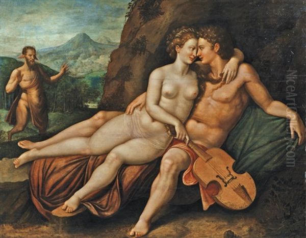 Apollon Et Venus, Dans Un Paysage Montagneux, Marsyas En Arriere Plan Oil Painting by Hendrick De Clerck