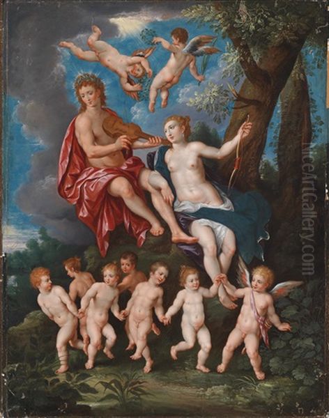 Apollo Und Diana Mit Tanzenden Putten In Einer Waldlandschaft Oil Painting by Hendrick De Clerck