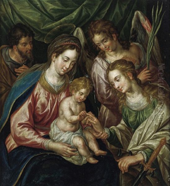 Die Mystische Vermahlung Der Heiligen Katharina Mit Dem Jesusknaben Und Engeln Oil Painting by Hendrick De Clerck