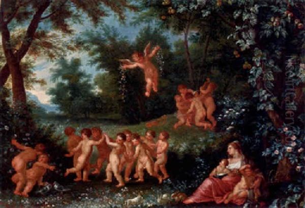 Putti Cavorting In A Forest Oil Painting by Hendrick De Clerck