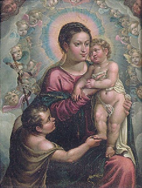 The Madonna And Child With The Infant St. John Surrounded By Cherubims And Seraphims Oil Painting by Hendrick De Clerck