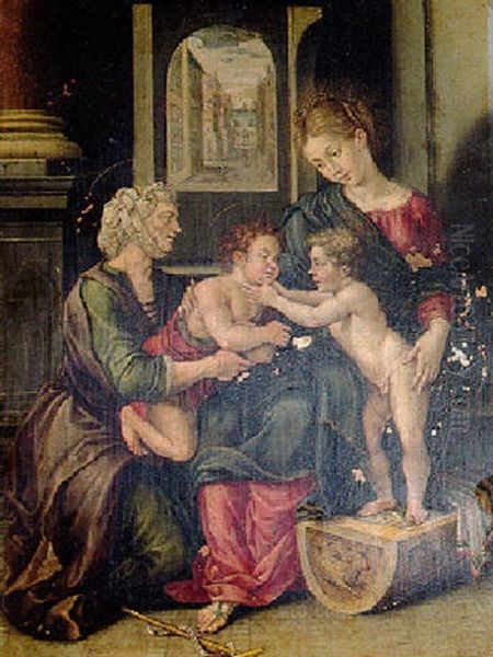 The Virgin And Child With The Infant Saint John The Baptist And Saint Anne Oil Painting by Hendrick De Clerck