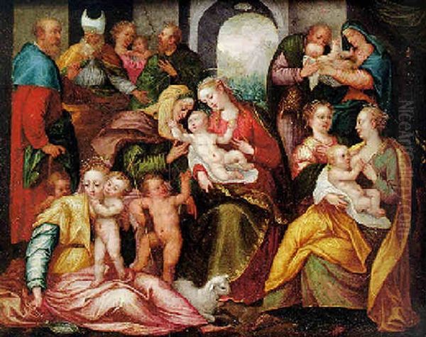 The Madonna And Child With St. Anne, Surrounded By Scenes From The Early Life Of Christ Oil Painting by Hendrick De Clerck