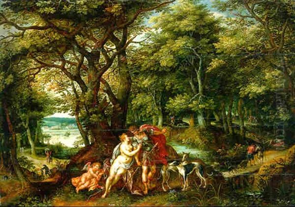 Venus And Adonis In A Wooded Landscape Oil Painting by Hendrick De Clerck