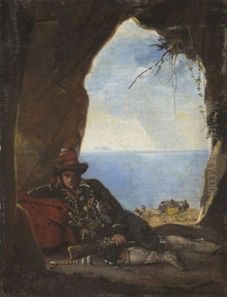 Bandit In A Cave Near The Seashore Oil Painting by Noel-Thomas-Joseph Clerian