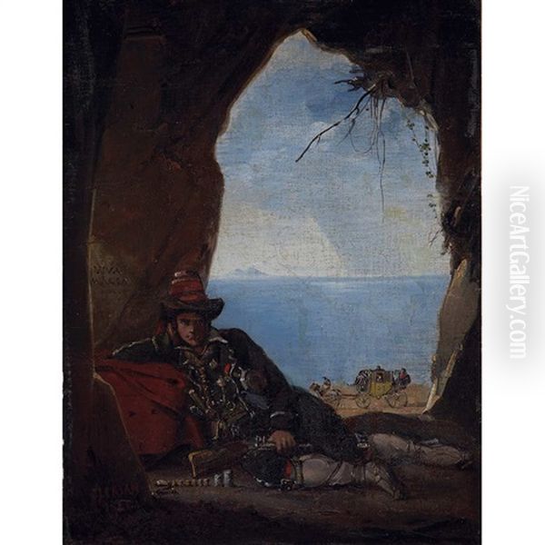 A Bandit In A Cave Near The Seashore Oil Painting by Noel-Thomas-Joseph Clerian