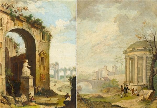 Pair Of Works: Architectural Capricci Oil Painting by Charles-Louis Clerisseau